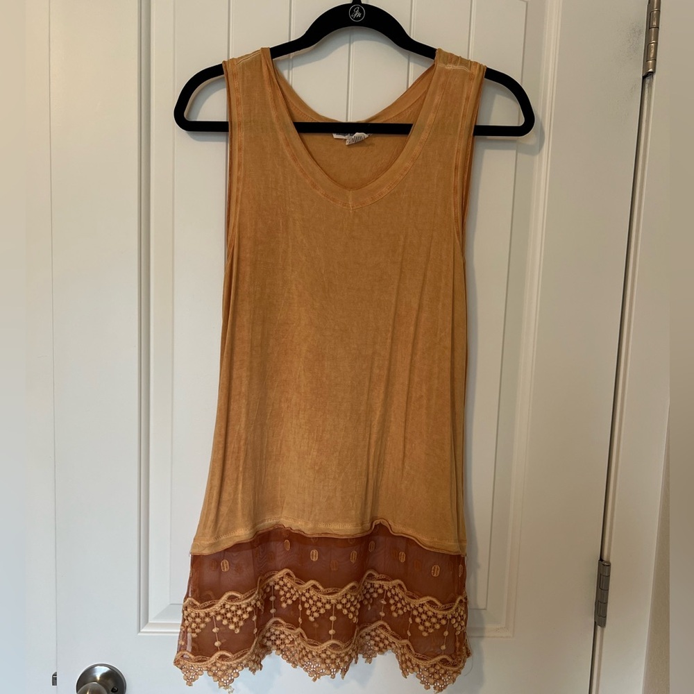 Lace Hem Vneck Tank, Mustard color, Size XS / S wear as shown or layer